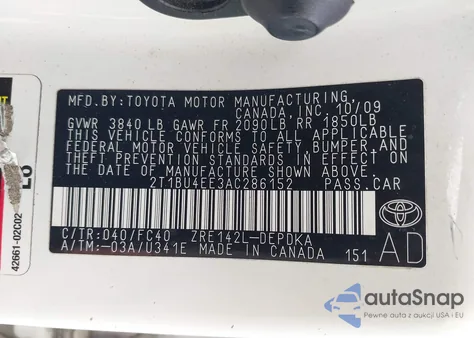 2010 Toyota Corolla Le z USA, uszkodzony, nr VIN 2T1BU4EE3AC286152